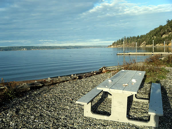 Waterfront tables at Camano Island State Park are the perfect place for your family picnic.